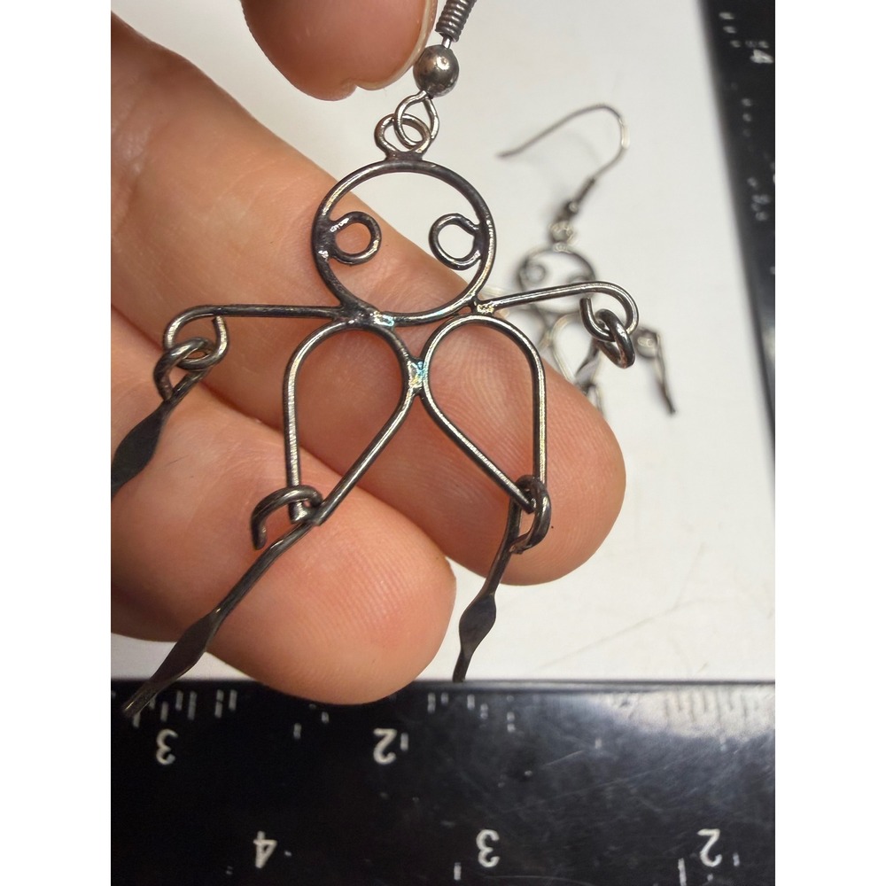 Handmade Wire Art Stick Figure Dangle Earrings Dark Silver Tone Abstract Kinetic